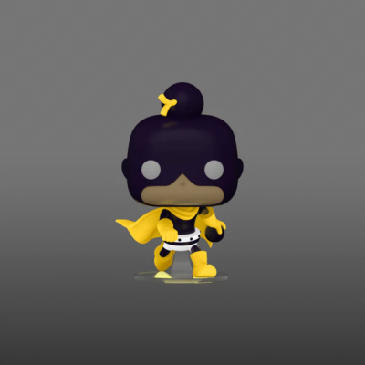 Figura colecionável Funko Pop com roupa amarela e branca sobre fundo cinzento
