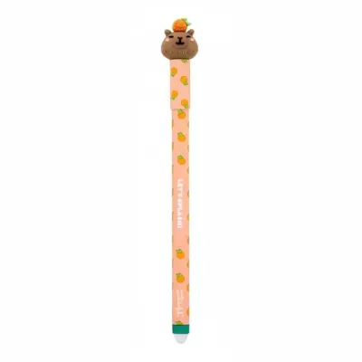 Caneta rosa decoração laranjas e cabeça de ursinho castanho com laranja