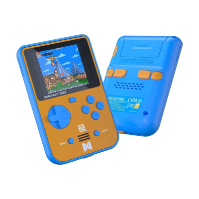Consola portátil retro azul e laranja com ecrã colorido e botões