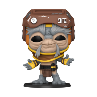 Figura Funko Pop de personagem cinzento com capacete castanho e roupa amarela