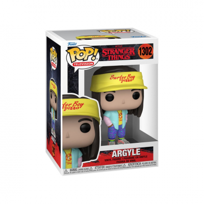 Boneco Funko Pop! Argyle de Stranger Things com boné amarelo e roupa colorida em caixa