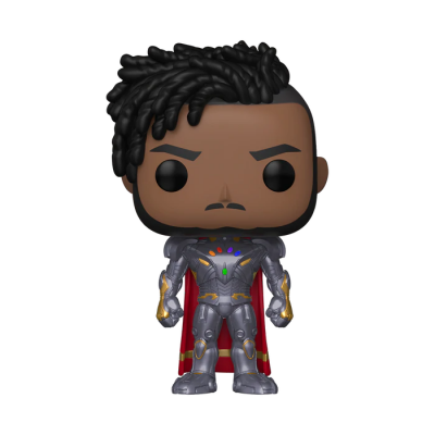 Figura Funko Pop de personagem masculino com armadura cinza e capa vermelha