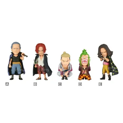 Cinco figuras de ação tipo chibi alinhadas sobre fundo branco com etiquetas BANPRESTO.