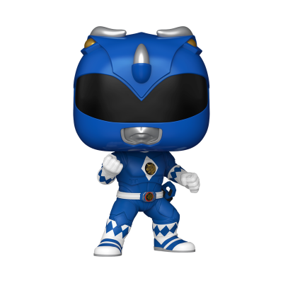 Figurina Funko Pop de super-herói em fato azul com capacete e visor preto