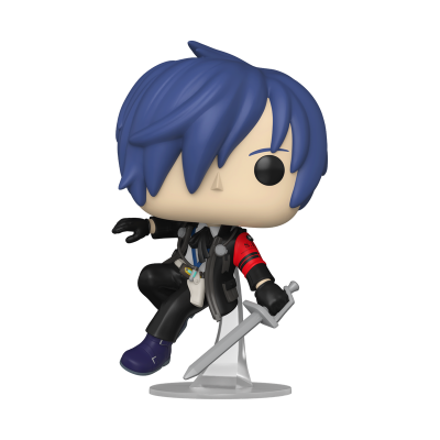 Figura Funko Pop de personagem masculino com cabelo azul e espada