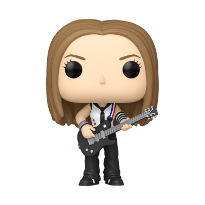 Boneco colecionável feminino com guitarra preta e roupa preta e branca