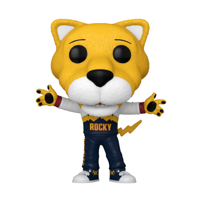 Figura colecionável de gato amarelo com roupa azul e a palavra ROCKY