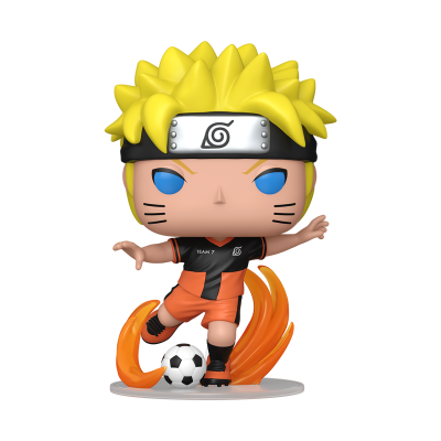 Figura Funko Pop do Naruto a jogar futebol com roupa preta e laranja e cabelo amarelo