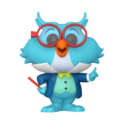 Figura de coruja azul com óculos vermelhos e casaco azul.