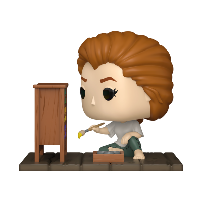 Figurinha de personagem com cabelo castanho pintando numa tela em cavalete de madeira