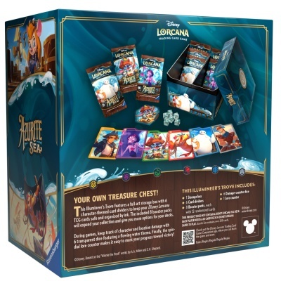 Caixa do jogo Disney Lorcana com cartas, fichas e texto em inglês