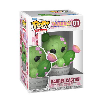 Figura Pop! Plants Barrel Cactus em vinil num vaso cinzento com flores cor de rosa na embalagem
