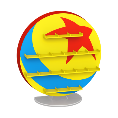 Expositor redondo amarelo com estrela vermelha e faixa azul, quatro prateleiras, base branca