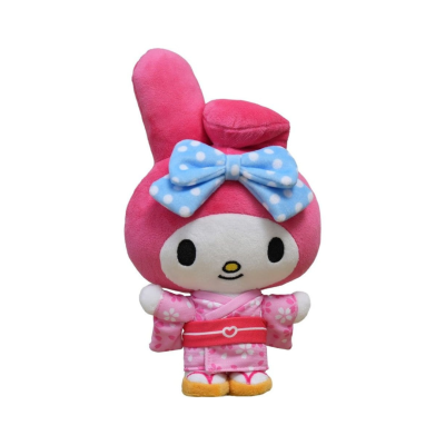 Boneco de peluche rosa com quimono cor-de-rosa e laço azul