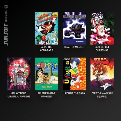 Capas de sete jogos clássicos Sunsoft Collection 2 apresentadas num fundo preto.