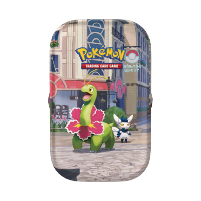 Estojo rígido Pokémon Trading Card Game com personagens e fundo urbano