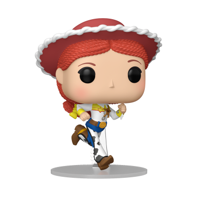 Figura colecionável Funko Pop vestindo roupa de cowboy com chapéu vermelho e calças padrão vaca