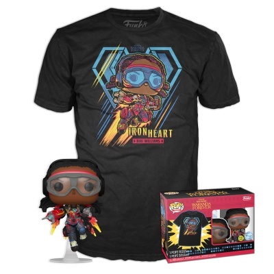 Conjunto Funko POP com t-shirt preta, figura e caixa com personagem Ironheart