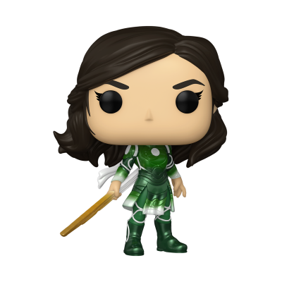 Figura Funko Pop feminina com armadura verde e espada