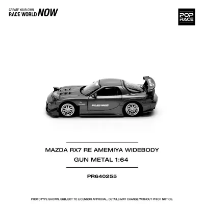Miniatura de carro de corrida Mazda RX7 RE Amemiya Widebody preto e cinza em escala 1:64