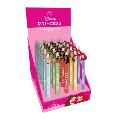 Caixa rosa com esferográficas de gel apagáveis Disney Princess com personagens princesas no topo.