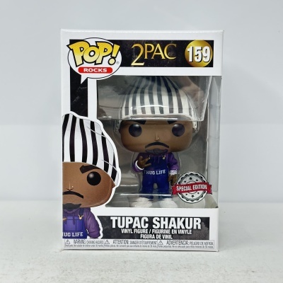 Caixa de figura Funko Pop! de Tupac Shakur com roupa roxa e chapéu às riscas pretas e brancas