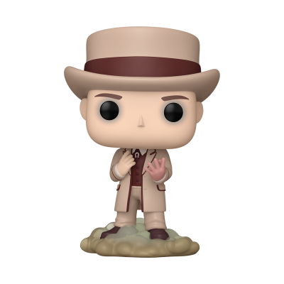 Figura Funko Pop de personagem com chapéu e casaco bege em base de fumaça