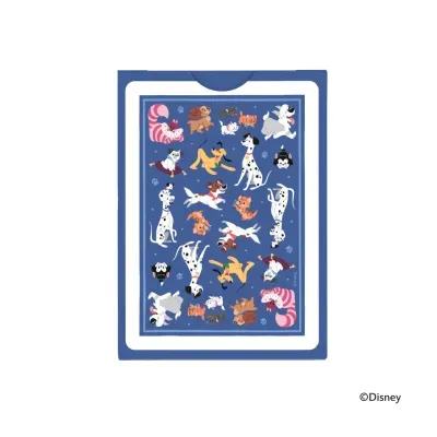 Jogo de cartas com ilustrações Disney de cães e gatos em fundo azul.