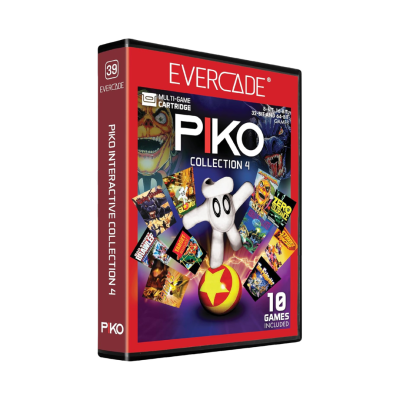 Caixa de jogo Evercade PIKO Collection 4 com várias imagens de jogos e personagem branca animada