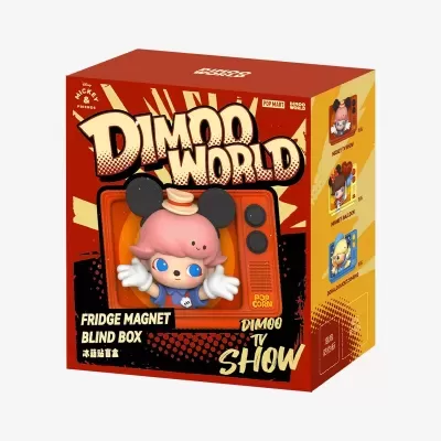 Caixa DIMOO WORLD com íman para frigorífico e personagem em televisão retro laranja