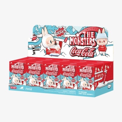 Caixa de coleção Pop Mart The Monsters Coca-Cola com monstros coelho brancos e logo vermelho