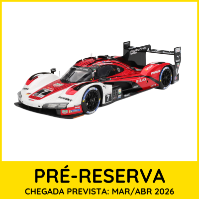 Miniatura de carro de corrida Porsche 963 vermelho, branco e preto com número 7 e patrocinadores, fundo branco e moldura amarela