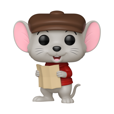 Boneco colecionável Funko Pop rato cinzento com chapéu castanho e camisola vermelha segurando mapa