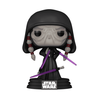 Figura Funko Pop Star Wars com capa preta e espadas de luz roxas