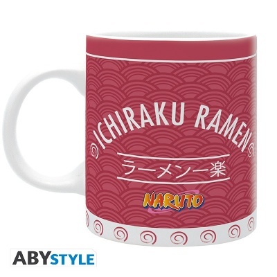 Caneca branca com design vermelho e texto Ichiraku Ramen Naruto