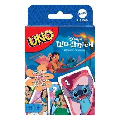 Embalagem do jogo de cartas UNO Lilo & Stitch com personagens coloridos