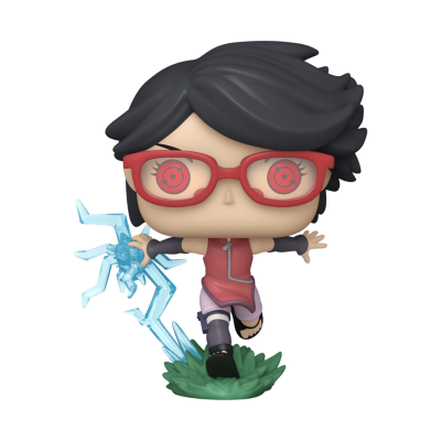 Figura Funko Pop de personagem com óculos vermelhos e raio azul