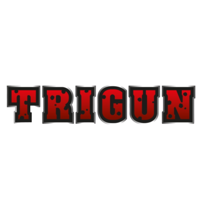 Texto TRIGUN em letras vermelhas com manchas pretas e contorno preto