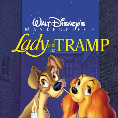 Capa de filme de animação com dois cães e texto 'Lady and the Tramp'.