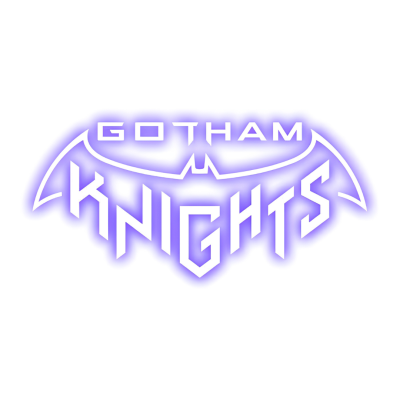 Logótipo com texto GOTHAM KNIGHTS e design de morcego em branco com brilho azul