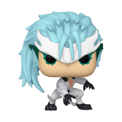 Figura Funko Pop com cabelo azul claro e roupa branca em pose de combate
