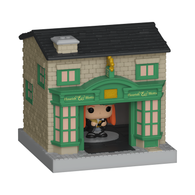 Miniatura de construção estilo casa com figura Funko Pop e placas Flourish & Blotts