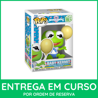 Figura Funko Pop Baby Kermit de vinil com balões em caixa colorida.