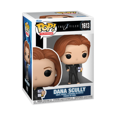 Funko Pop! Dana Scully de The X-Files, caixa preta e branca com azul.