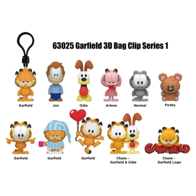 Clips para saco 3D da série Garfield com personagens coloridos e logo.