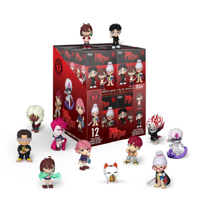 Caixa vermelha e preta com 12 figuras em vinil do DanDaiyan e figuras à volta