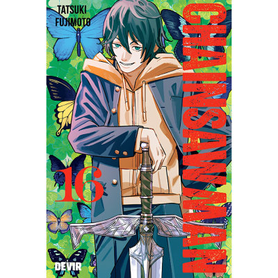 Capa do livro CHAINSAWMAN volume 16 com personagem e borboletas no fundo