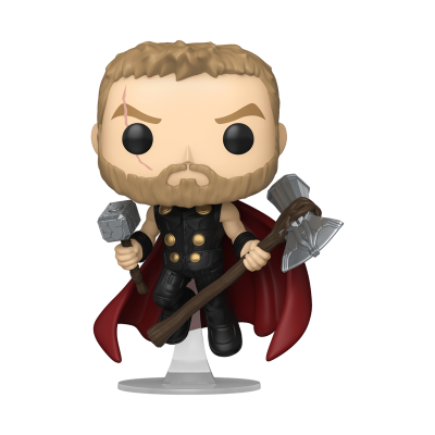 Figura Funko Pop de personagem masculino com martelo e machado, roupa preta e capa vermelha