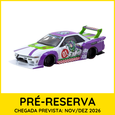 Miniatura de carro desportivo branco com detalhes roxos e verdes e personagem Buzz Lightyear