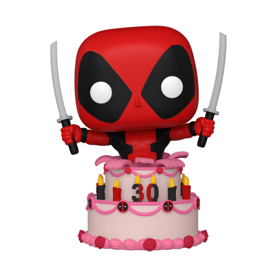 Figura de Deadpool estilo Funko Pop em bolo de aniversário rosa com velas e número 30